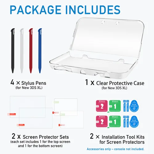Vista 5 de 3-in-1 Accessories Kit for Nintendo New 3DS XL/LL – Clear Hard Case + Screen Protectors (Tempered Glass & PET) + 4 Stylus Pens – Protective Bundle
