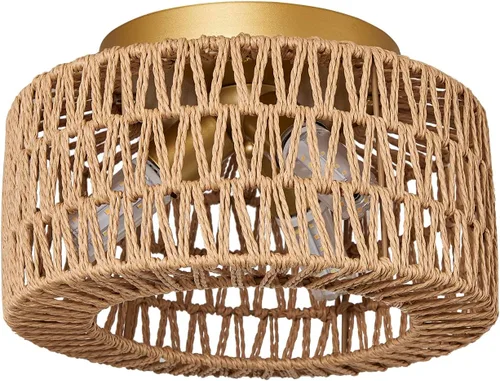 Vista 9 de Lámparas de techo de ratán, montaje en techo, 3 luces, lámpara de techo de montaje empotrado estilo boho, lámpara de sombra de jaula tejida a mano