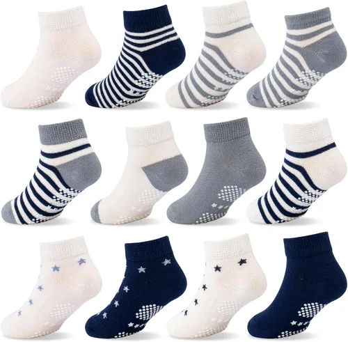 Looching Calcetines tobilleros antideslizantes para bebés y niños pequeños, 12 pares de calcetines antideslizantes de algodón para niños y niñas de