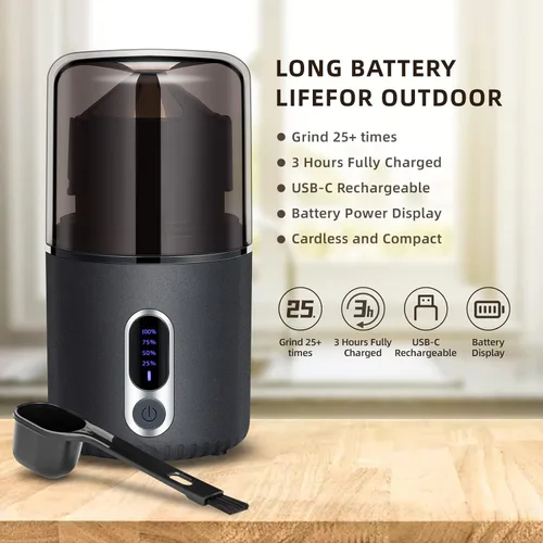 Vista 4 de Coffee Grinder Electric, USB Rechargeable Coffee Bean Grinder, Spoon with Cleaning Brush, Portable Coffee Grinder for Spices and Seeds- Black
