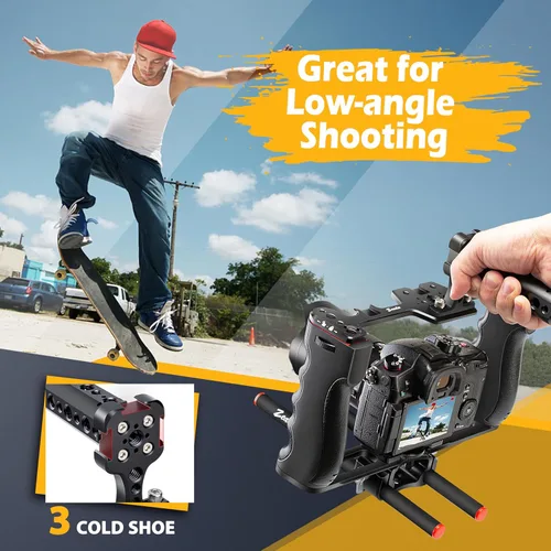 Vista 4 de Zeadio Jaula de Soporte para Cámara de Video, Kit de Filmación de Aleación de Aluminio con Mango Superior y Base Tipo Arca y Dos Guías de Varilla
