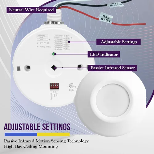 Vista 4 de ENERLITES Sensor de movimiento de techo de alta bahía, sensor de techo PIR infrarrojo pasivo, campo de visión de 360°, cobertura de 2800 pies