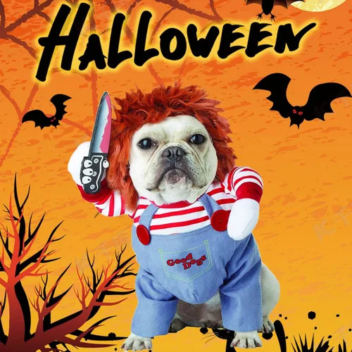 Vista 6 de Disfraz de muñeca mortal para mascotas, divertido traje de Halloween para perro, ropa linda para perros pequeños a grandes, gatos y cachorros, ropa
