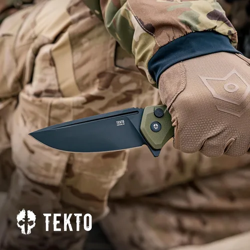 Vista 8 de TEKTO F3 Charlie - Cuchillo plegable con bloqueo de botón, hoja de borde fino, mango táctico OD verde G10, cuchillo de bolsillo fácil de abrir