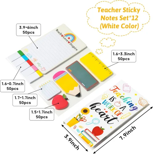 Vista 2 de Xqumoi Paquete de 12 notas adhesivas Teaching is A Work of Heart – Regla Pizarra Lápiz Forma de Manzana Autoadherentes Bloc de notas