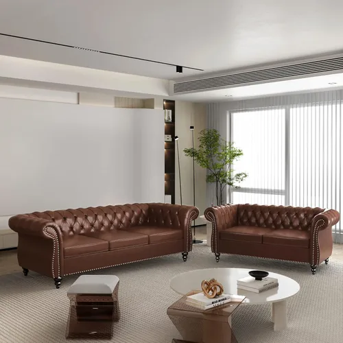 Vista 25 de Juego de 2 piezas para sala de estar, sofá loveseat Chesterfield de terciopelo con silla, brazos enrollados y tachuelas para sala de estar, oficina