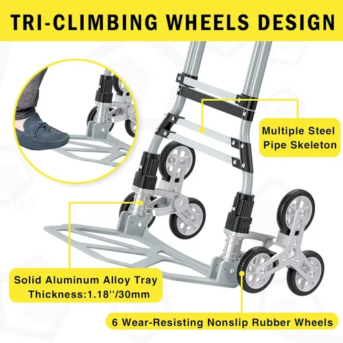 Vista 5 de Carrito Subescaleras de 260 LBS, Carrito Trolley de Aluminio para Escaleras, Carrito de Mano Plegable, Carrito de Compras con Ruedas Silenciosas
