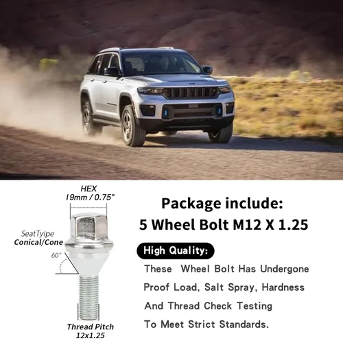 Vista 4 de 5 pernos de rueda M12x1.25 para Jeep Cherokee 2014-2022, longitud hexagonal mejorada de 1.102 in, repuesto # 611-005 compatible con Dodge Dart