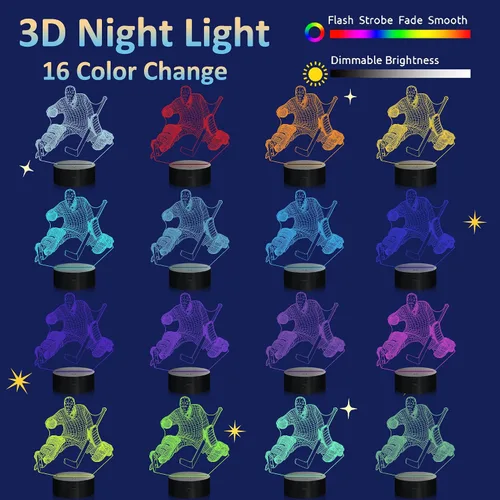 Vista 3 de 3D Ice Hockey Illusion Lamp, Attivolife Hockey Player Optical LED Night Light 16 Colors Changing with Timer Remote Control, Bedroom Home Decor Cool