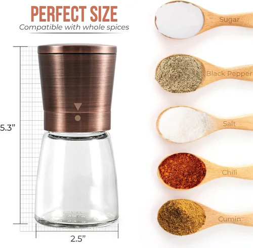 Vista 4 de Molinillo de pimienta de cobre o molinillo de pimienta, molinillo de sal manual recargable con grosor ajustable, molinillo de pimienta negra hecho
