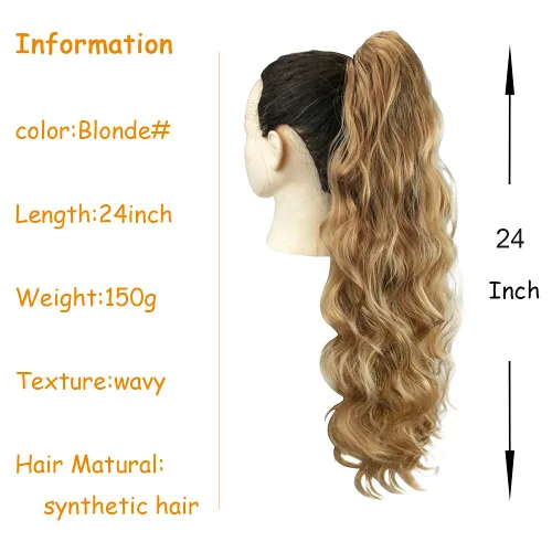 Vista 2 de KETHBE Extensión de pelo larga de 24 pulgadas con onda corporal para cola de caballo, cabello sintético, resistente al calor, cordón para envolver