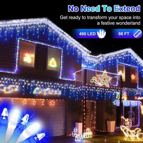 Vista 2 de Luces LED de Navidad de 66 pies con 140 gotas, 490 luces LED para interiores y exteriores, 8 modos de iluminación, luces de hadas impermeables