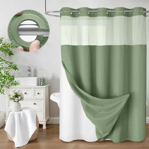 Vista 26 de Aqua - Juego de cortina de ducha y forro sin gancho, cortina de ducha waffle de hotel con forro 75" L x 72" A