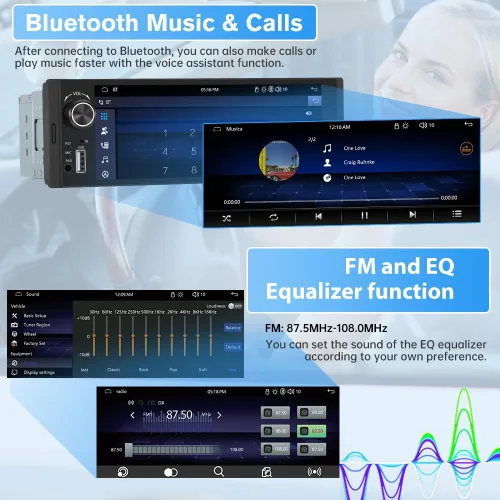 Vista 3 de Estéreo de Automóvil de Un Solo DIN, Radio con Pantalla Táctil HD IPS de 6.36 Pulgadas CarPlay y Android Auto con Bluetooth con Cámara de Respaldo