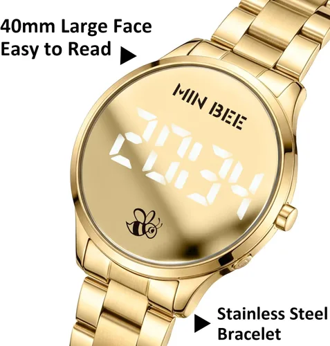 Vista 2 de Reloj digital, correa de acero inoxidable, esfera grande de 40 mm con espejo y números LED, reloj de moda sin funciones inteligentes