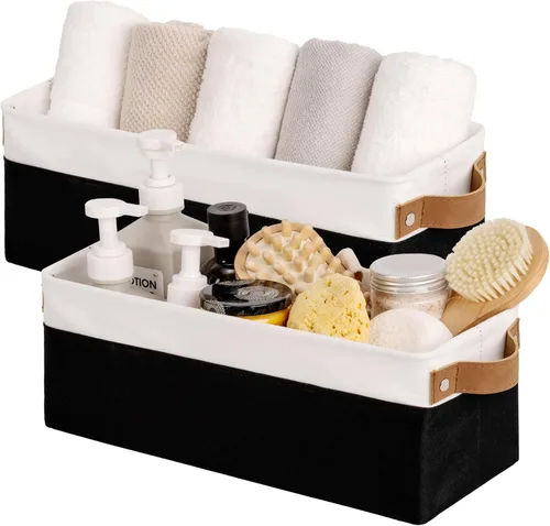 Vista 14 de StorageWorks Contenedores de almacenamiento estrechos, cesta pequeña para armario y estantes, organizador rectangular de tela con asas, Beige