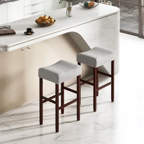 Vista 7 de ERGOMASTER Taburetes de bar, 29 pulgadas, modernos taburetes de sillín, madera de caucho, gris claro/marrón, juego de 2