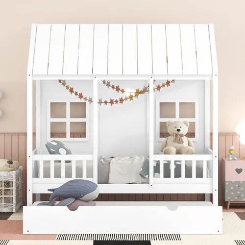 Vista 3 de Harper & Bright Designs Cama de casa individual con nido para niños, marco de cama de madera individual con techo, ventanas y rieles para niñas