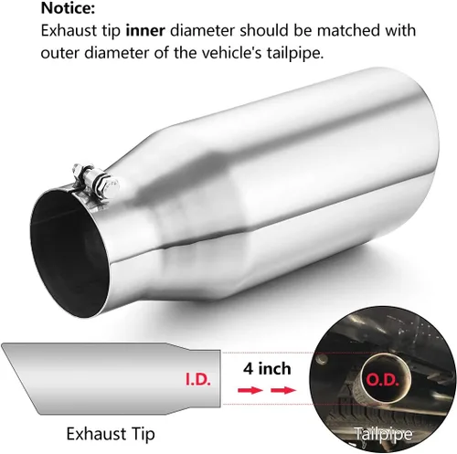 Vista 6 de A-KARCK Punta de Escape de 4 Pulgadas de Entrada, Universal Entrada de 4'' Salida de 6" 15" de Largo Acero Inoxidable Tubo de Escape Atornillable