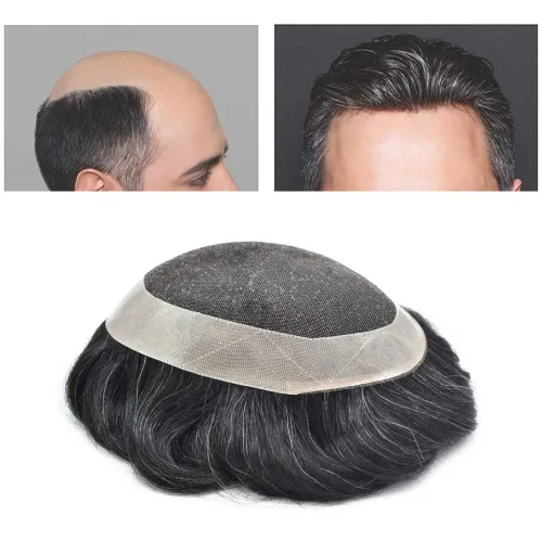 Vista 9 de Toupee para hombres, pieza de cabello humano real, sistema de cabello para hombre, encaje suizo suave, extensiones de cabello para hombre, gris