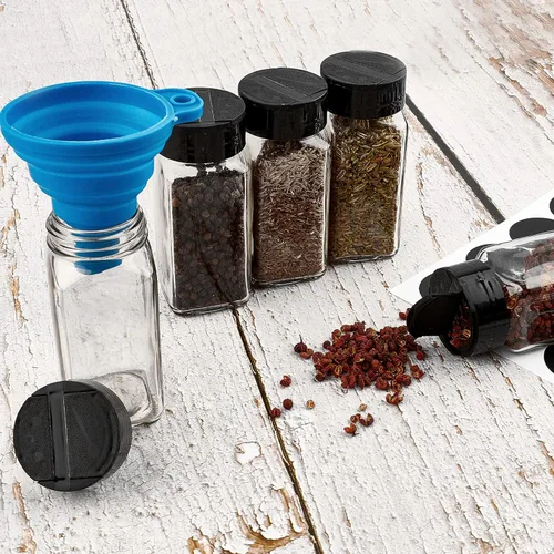 Vista 5 de TUZAZO 24 tarros de vidrio para especias con etiquetas de especias, recipientes cuadrados de 4 onzas con tapas negras para condimentos, embudo
