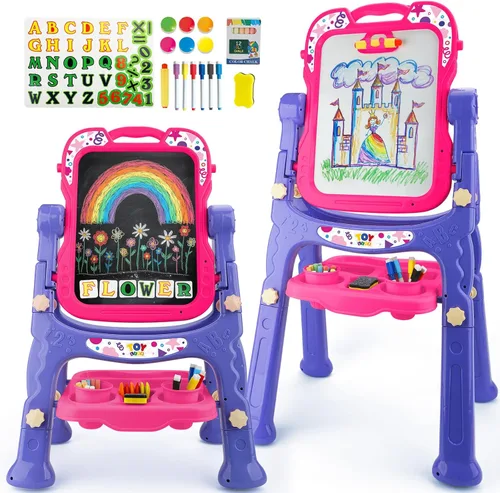 STEAM Life Caballete artístico para niños, caballete para niños pequeños 4 en 1 de doble cara con pizarra magnética giratoria y tablero de dibujo