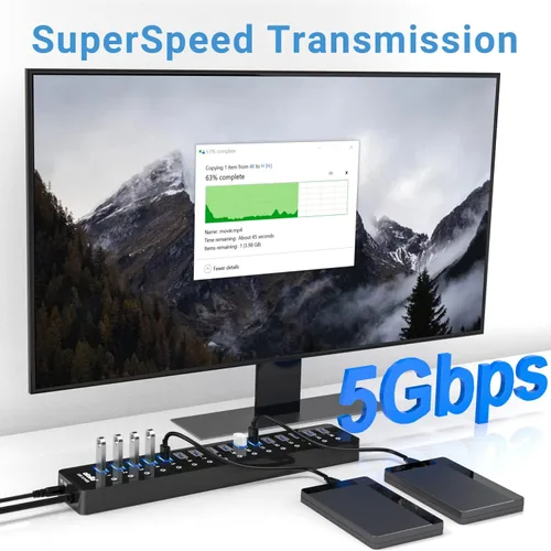 Vista 4 de Hub USB 3.0 de alimentación, divisor USB atolla de 16 puertos con adaptador de corriente de 12 V/6 A e interruptores individuales, transferencia