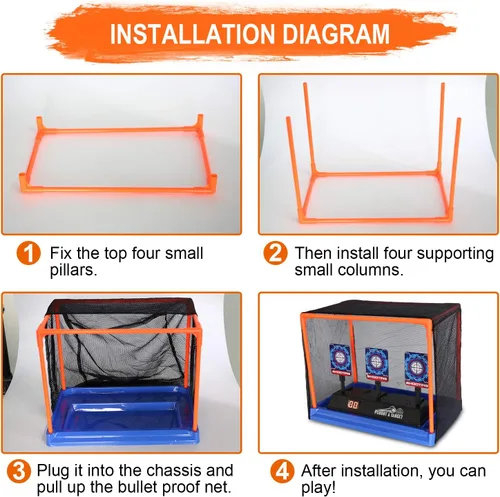 Vista 6 de Objetivo de Tiro Electrónico con Puntuación, Reinicio Automático, Objetivos Digitales para Pistolas Nerf, Juguetes con Jaula de Soporte y Red