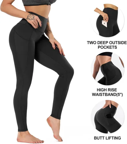 Vista 2 de HLTPRO 3 Pack Capri Leggings for Women with Pockets - Black High Waisted Tummy Control Capris Yoga Pants for Workout