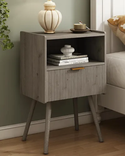 Vista 10 de JOONEE Mesita de noche negra, moderna mesita de noche con cajón de almacenamiento y estante de madera abierta, para sala de estar, dormitorio