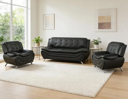 Vista 35 de Sofá seccional de cuero negro, juego de muebles de sala de estar, juego de 2 piezas de sofá moderno para sala de estar, apartamento, oficina, negro#1