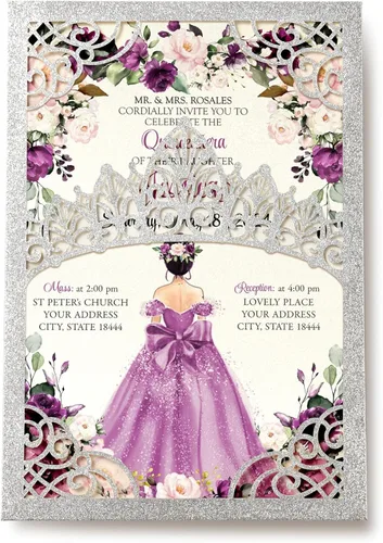 Vista 23 de 50 invitaciones de quinceañera con corona negra perlada cortada con láser Invitaciones de cumpleaños florales burdeos para Sweet 16/Miss XV