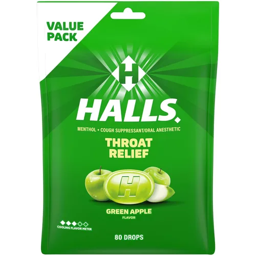 Caramelos para la garganta Halls con sabor a manzana verde, paquete económico, 80 caramelos