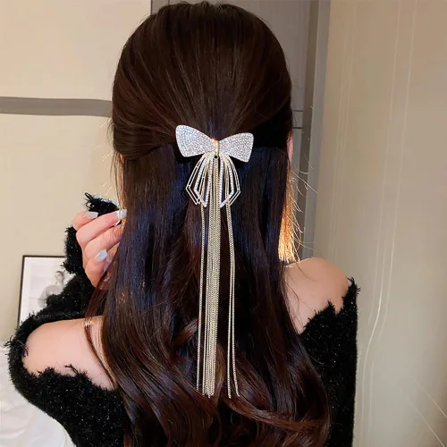 Jumwrit Clip de lazo para el cabello con diamantes de imitación con purpurina, cadena larga, pasador de pelo bohemio de metal hueco con lazo,