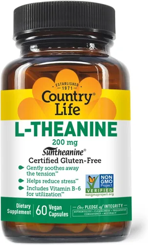 Country Life Suntheanine L-teanina - 60 cápsulas veganas | Suplemento natural para aliviar el estrés con inositol | Promueve la relajación, la