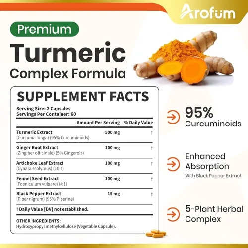 Vista 2 de Suplemento de cúrcuma – Fórmula compleja de hierbas con jengibre, alcachofa, hinojo y pimienta negra, 120 cápsulas