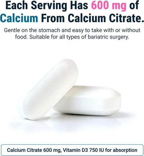 Vista 4 de BariatricPal Citrato de calcio fácil de tragar (600 mg) y comprimidos recubiertos con D3 (suministro para 30 días)