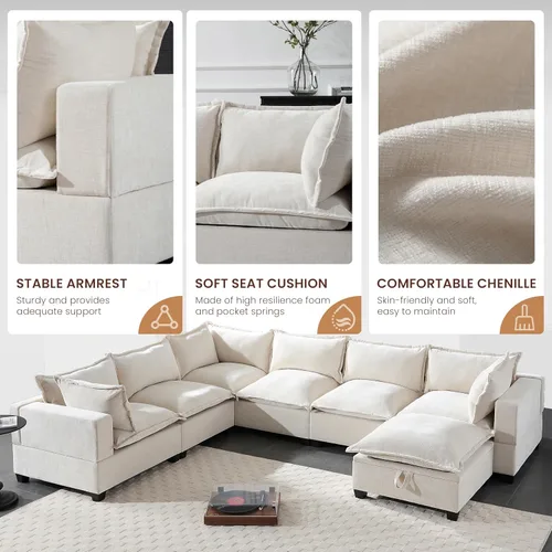 Vista 8 de Merax Modern U-Shaped Modular Couch Set with Storage Ottoman, Chenille 7-Seat Sectional Sofa Sleeper Bed with Wide Seat for Living Room, Free Off