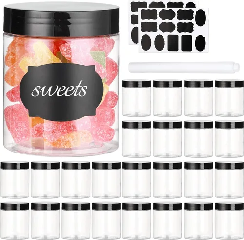 Dabacc Tarros de plástico de 8 onzas con tapas, paquete de 24 recipientes de plástico transparente para almacenamiento de alimentos de cocina y