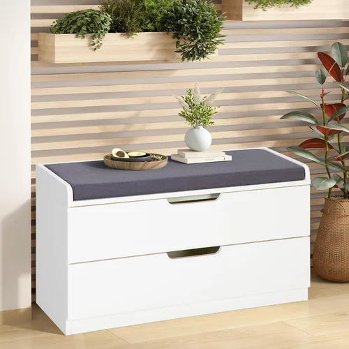 Vista 14 de MFSTUDIO Banco de almacenamiento de zapatos, banco de zapatos con armario de puerta de granero, 9 compartimentos abiertos, cojín de asiento