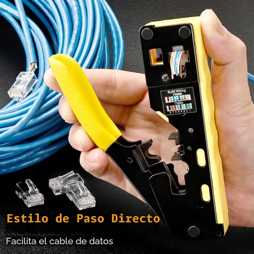 Vista 5 de Solsop Kit de Herramientas de Crimpado RJ45 de Paso Directo Todo en Uno, Crimpadora Ethernet Cat7 Cat6 Cat5, Herramienta de Crimpado con Probador
