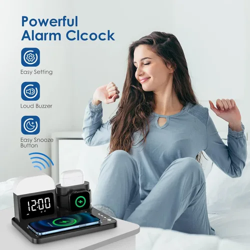 Vista 2 de Estación de carga inalámbrica, reloj despertador con carga inalámbrica y luz nocturna, cargador inalámbrico rápido compatible con iPhone 1313