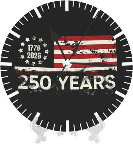 Vista 7 de Round Wall Clock 250 Years Anniversary Silent Non-Ticking Decorative Clocks Battery Operated Retro USA Flag Quartz Quiet Desk Clocks for Home