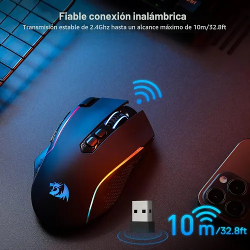Vista 4 de Redragon M810 Pro - Mouse inalámbrico para juegos, 10000 DPI con cable/inalámbrico con llave de fuego rápido, 8 botones macro, capacidad