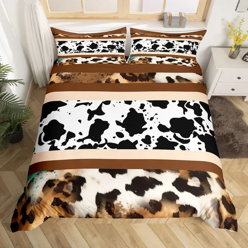 Vista 11 de Erosebridal Funda de edredón de piel de vaca marrón con estampado de vaca de las tierras altas, juego de ropa de cama occidental exótico azteca