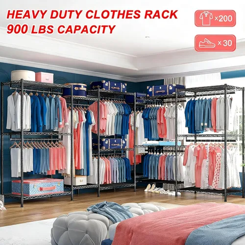 Vista 2 de Raybee Perchero resistente para colgar ropa con estantes, portátil, ajustable, metal, carga máxima de 900 libras, color negro