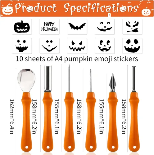 Vista 2 de Kaliosy Kit de 6 herramientas de tallado de calabaza de Halloween, herramientas de tallado de acero inoxidable para Halloween, faroles decorativos