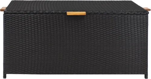 Vista 8 de Sunnydaze Caja de almacenamiento de mimbre sintético de 75 galones con asas de madera de acacia, tapa con bisagras, color negro