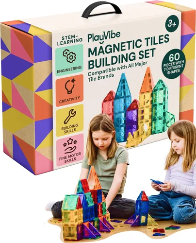 PLAYVIBE - 60 piezas de bloques magnéticos para construcción 3D para niños