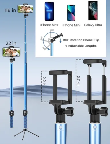 Vista 6 de Palo de selfie de 118 pulgadas y 9.8 pies de largo para iPhone, Android, poste súper largo extendido, palo de selfie con trípode y control remoto